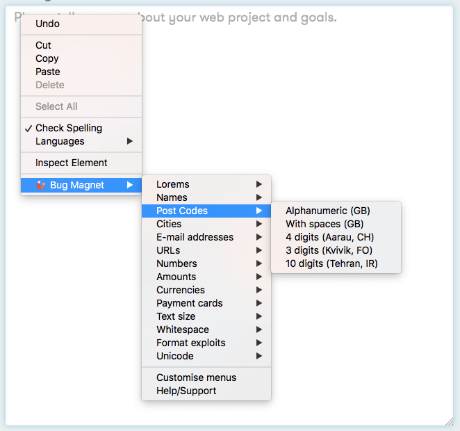 A screenshot of the options menu for the Bug Magnet testing tool.